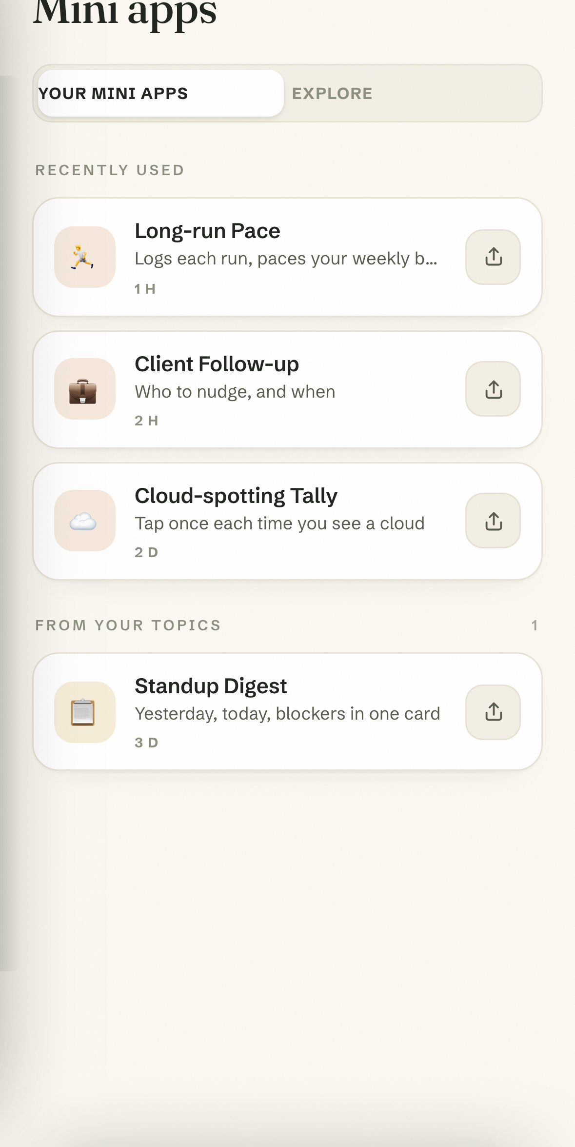 The Crew mini-apps screen: real tools your crew built you