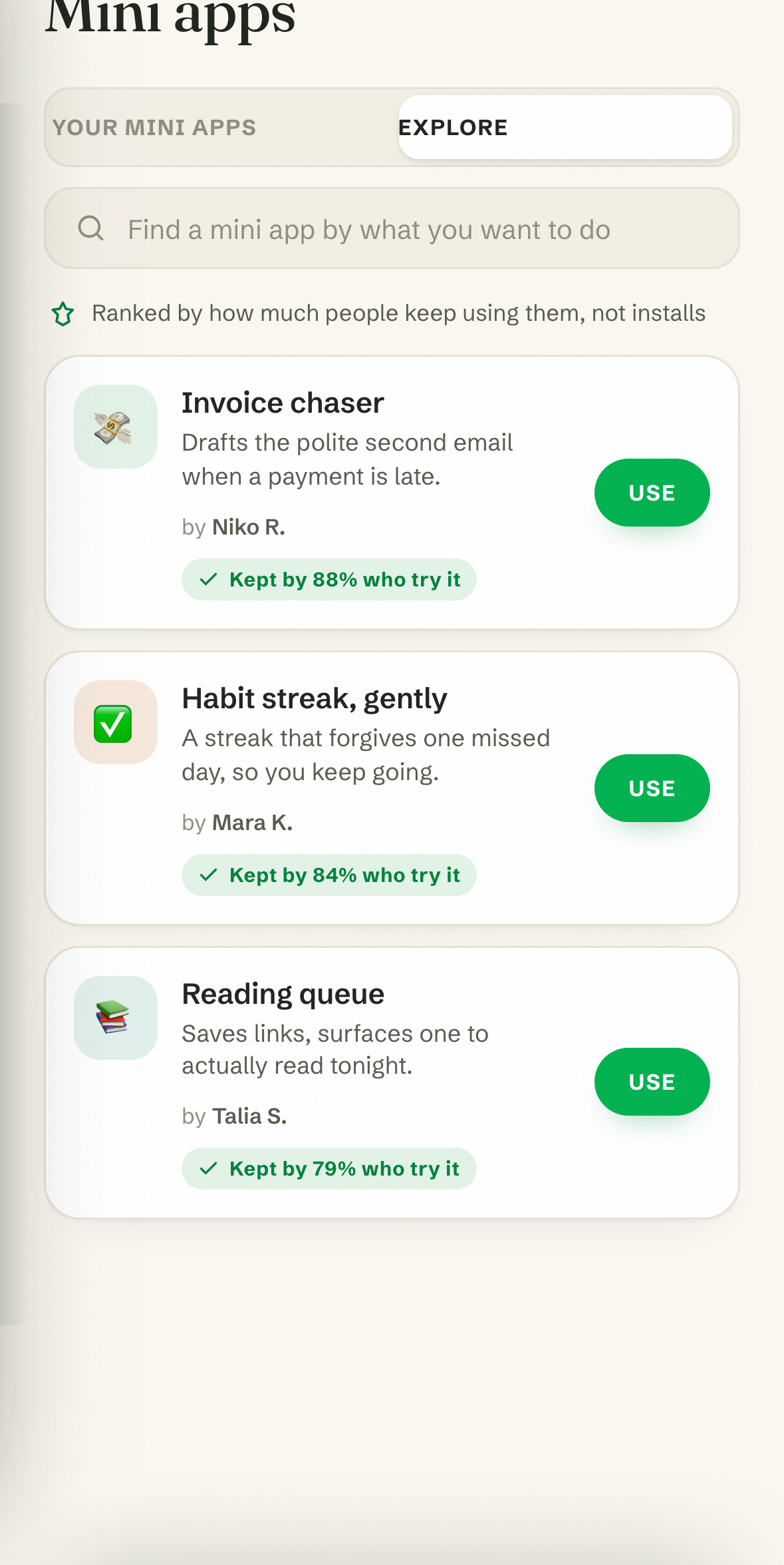 The Crew mini-app store, ranked by how many people keep using each tool