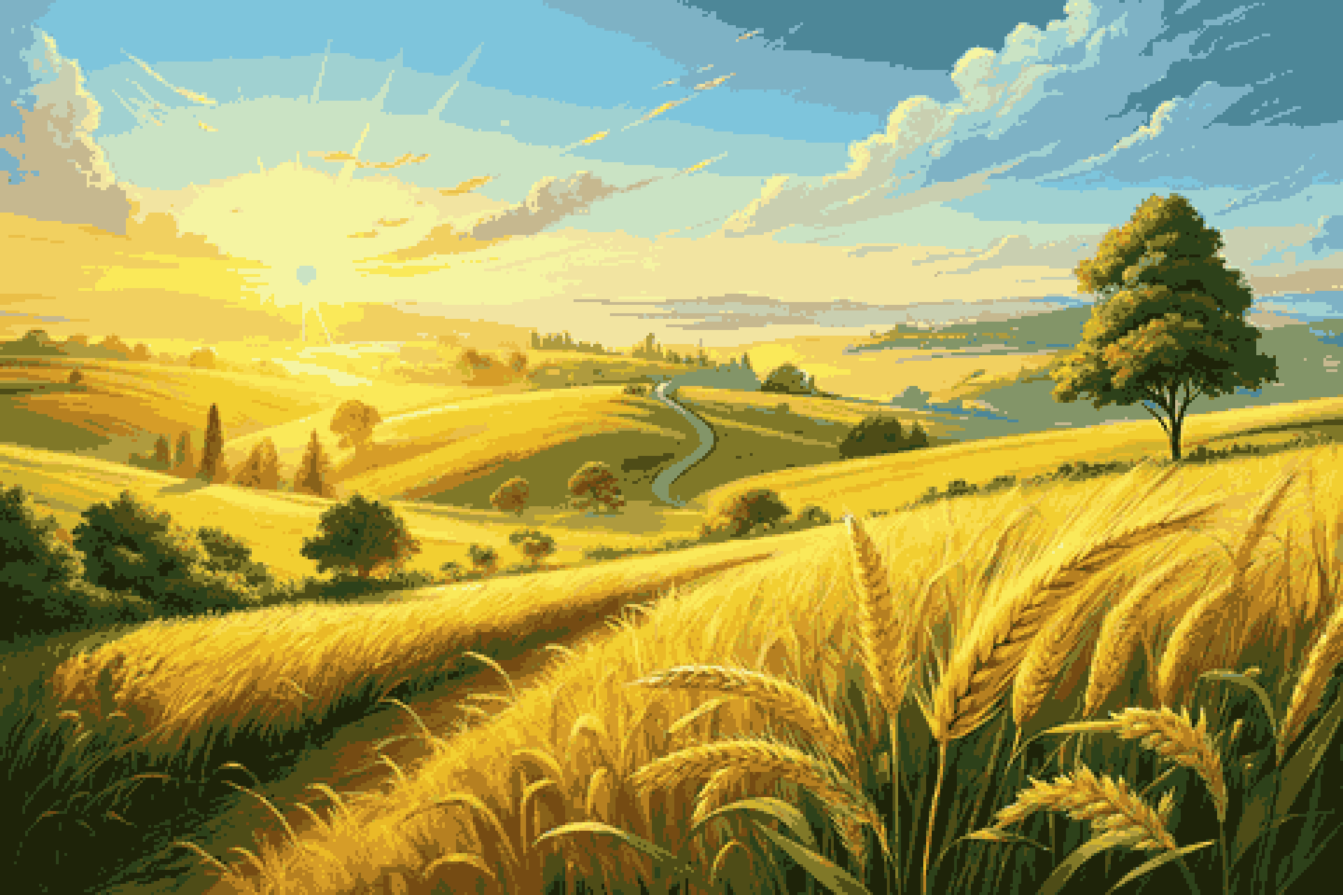 Sun-drenched golden wheat fields rolling toward a bright morning sky
