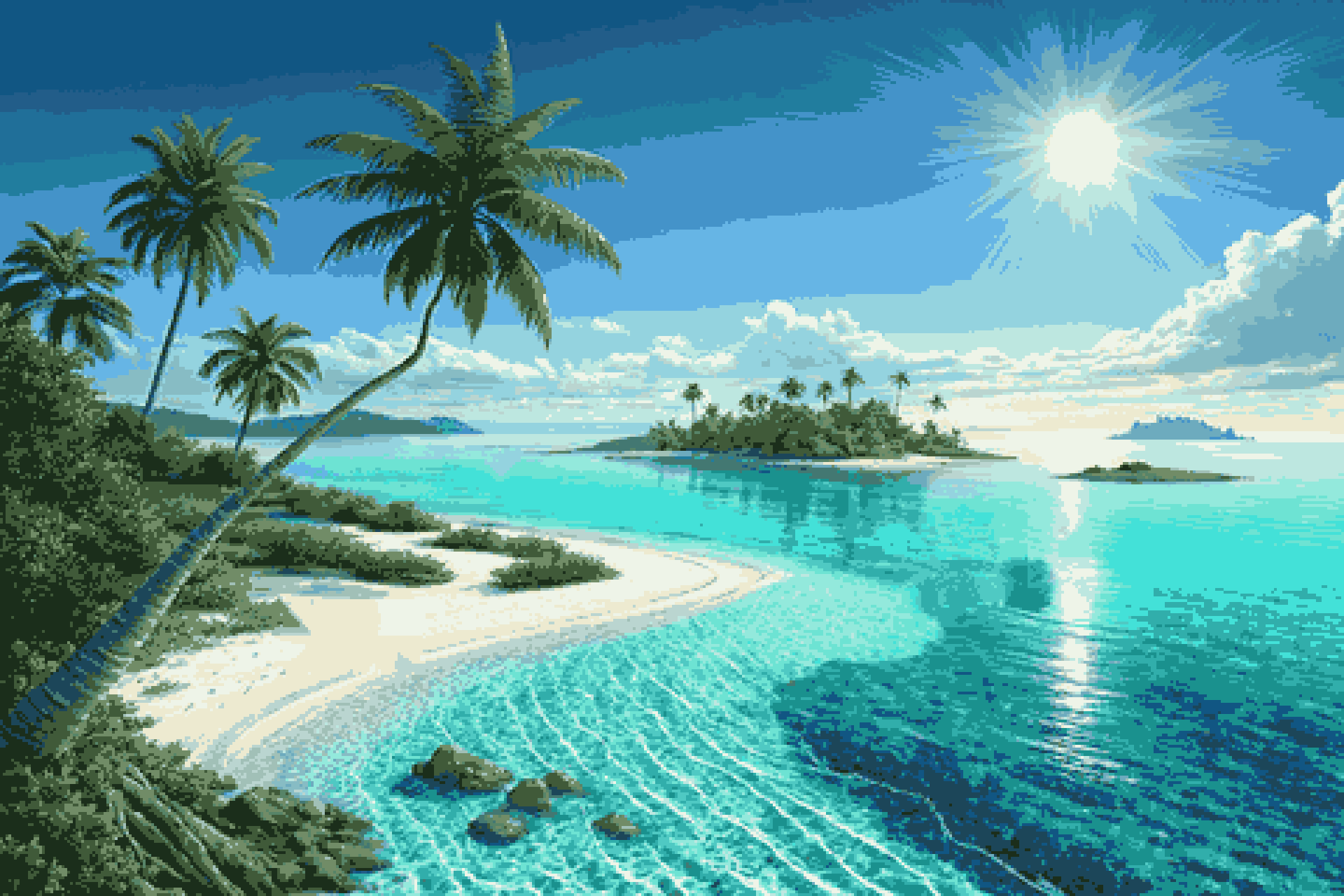A bright turquoise lagoon with palm trees and small islands under the sun